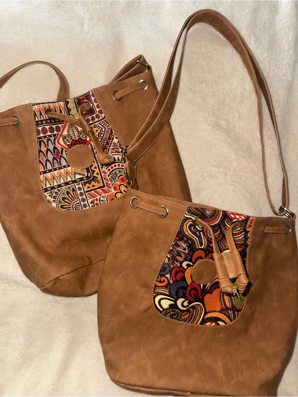 Brown Faux Leather Bucket Bags
